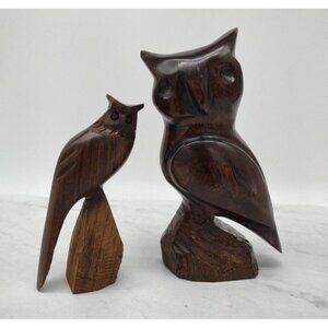 Vintage Owls Hand Carved Iron Wood Dark Brown 5.5 and 7 Inches Den Office Decor